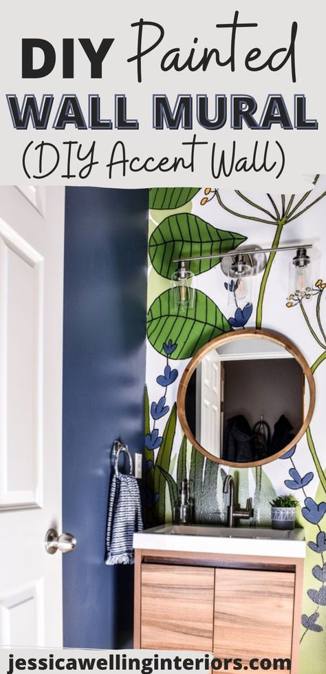 How to paint a mural on a wall. This DIY accent wall is a great and budget-friendly wallpaper alternative! Hand Painted Walls Bathroom, Half Paint Half Wallpaper Wall, Accent Wall Bathroom Painted, Tile Stencils Diy, Painted Accent Wall, Paint A Mural, Painted Mural, Bathroom Mural, Accent Wall Design