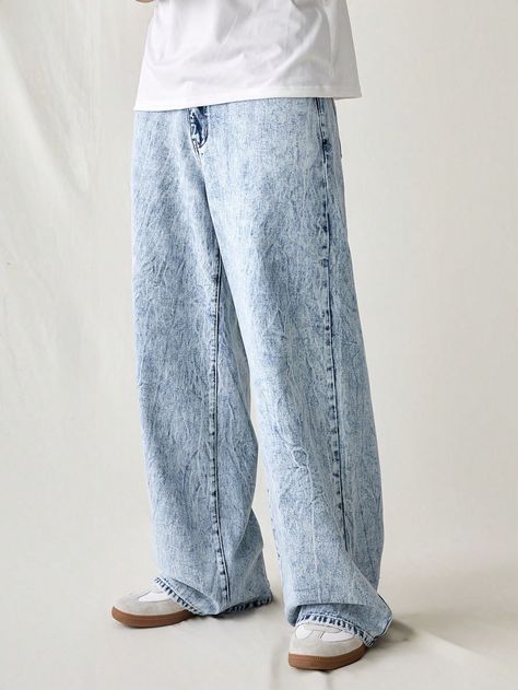 Men's Light Blue Snow Washed Baggy Jeans Light Wash    Denim Plain Straight Leg Non-Stretch  Men Clothing, size features are:Bust: ,Length: ,Sleeve Length: Denim Baggy Pants, Bow Shorts, Man Weave, Jean Large, Baggy Pant, Slim Fit Top, Women Midi, Elegant Dresses Long, Baggy Jeans