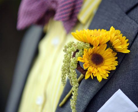 maybe mini sunflowers for the boys Yellow Boutonniere, Sunflower Boutonniere, Rustic Boutonniere, Sunflower Themed Wedding, Purple Bow Tie, Mini Sunflowers, Second Wedding, Sunflower Bouquets, Rustic Bridal