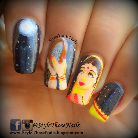 Style Those Nails: Karwachauth Nailart ! Happy Karwachauth Visit my blog for more ! #indian #indiannails #indianfestivalnails #karwachauthnails #stnchallenges #illnailchallenge #indianfestivity Nail Art For Karwachauth, Karva Chauth Nail Art Designs, Karwa Chauth Nails Design, Karwa Chauth Nails, Karwachauth Nails Design, Karwachauth Nail Art Designs, Diwali Nail Art Designs, Festive Nails Indian, Diwali Nail Art