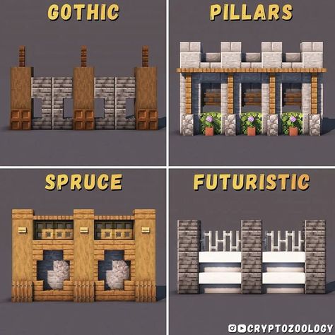 Minecraft Houses With Tutorial, Minecraft Gate Ideas, Minecraft Pillar Designs, Minecraft Wall Ideas, Minecraft Wall Design, Minecraft Zoo Ideas, Minecraft Castle Walls, Minecraft Wall Designs, Minecraft Steampunk