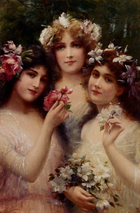 ⊰ Posing with Posies ⊱ paintings of women and flowers - The Three Graces by Emile Vernon The Three Graces, Slaap Lekker, Three Women, Affinity Photo, Peter Paul Rubens, Art Ancien, Three Graces, Foto Art, Victorian Art