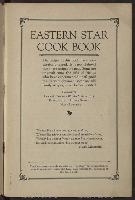 Eastern Star cook book : tested recipes / by Sisters of Thousand Oaks Chapter, no. 375, Order of the Eastern Star. Eastern Star Order Of, Order Of The Eastern Star, Thousand Oaks, Eastern Star, Star Food, Cookery Books, Vintage Cookbooks, Vintage Recipes, Main Dish Recipes