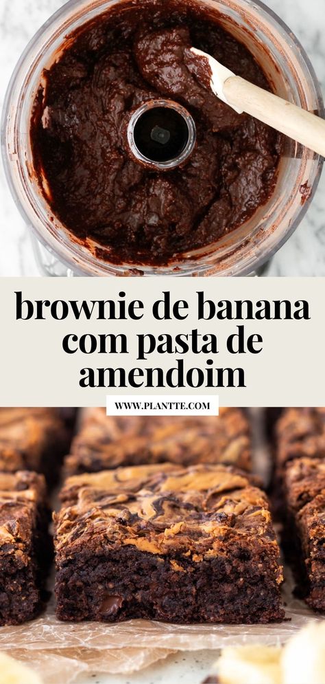 O Brownie de Banana, feito com aveia e cacau, leva também pasta de amendoim e chocolate e fica uma delícia! Super simples de fazer, é uma opção mais saudável de doce ou sobremesa. Também é vegano, sem farinha e sem glúten #brownie #banana #pastadeamendoim #browniedebanana #browniefit #vegano #semfarinha #semgluten | plantte.com Brownie Fit Receita, Brownie Fit, Healthy Banana Muffins, Gourmet Candy, Workout Eating, Cocoa Recipes, Healthy Banana Bread, Fat Foods, 140 Pounds