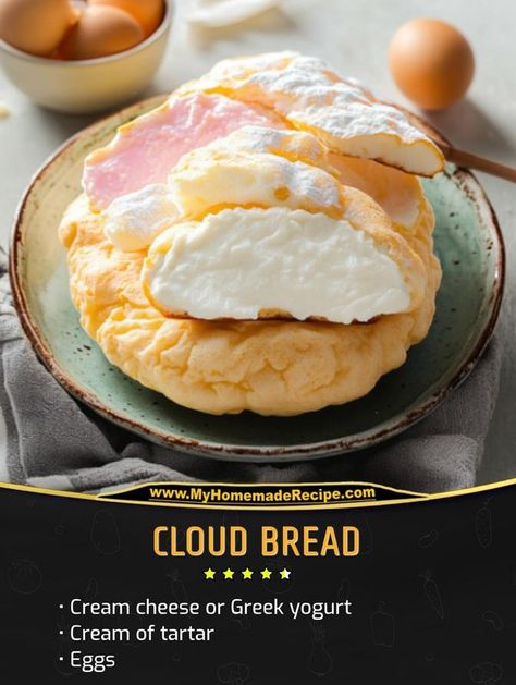 quicker recipes | Baked Cloud Bread today, and it was unlike anything else | Facebook Bread With Cream Cheese, Low Carb Sandwiches, Cloud Bread, Bread Ingredients, Egg Yolks, Sandwich Bread, Cream Of Tartar, Egg Yolk, Egg Whites