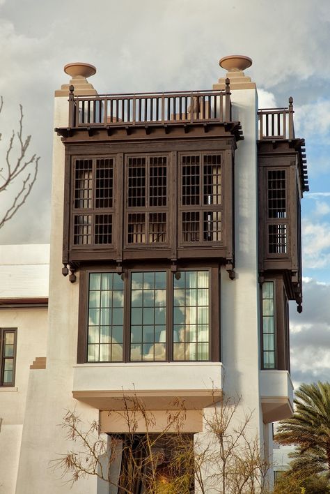 Third floor tower porch with grilled shutters all around and roof top terrace Gambrel Exterior, Zoo Inspiration, Indochine Style, Alys Beach, Architecture Model House, Architecture Design Concept, Urban Architecture, Roof Top, Woodworking Techniques