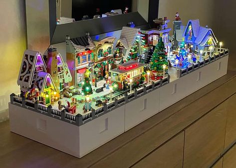 Christmas Lego Display, Lego Holiday Village, Lego Village Ideas, Christmas Lego Village, Lego Winter Village Display, Lego Christmas Village Display, Christmas Lego Ideas, Lego Christmas Sets, Christmas Legos