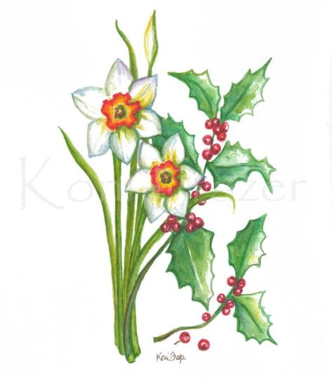 December Birth Flower Tattoo Holly, Narcissus And Holly Tattoo, December Flower Tattoo, Narcissus Tattoo, Narcissus Flower Tattoos, December Flower, Nikko Hurtado, Holly Flower, December Birth Flower