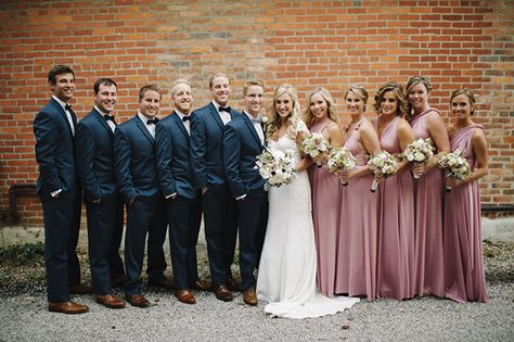 Slate Blue and Blush Bridal Party | Mindy Sue Photography | Wintery Blush and Slate Blue Wedding Groomsmen Color Schemes, Groomsmen Colours, Slate Wedding, Slate Blue Wedding, Blue And Blush Wedding, Bridal Party Groomsmen, Wedding Photography Bridal Party, Floral Lace Wedding Dress, Blush Bridal Showers