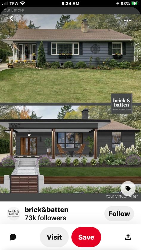 Bungalow Exterior Makeover, Front Porch Exterior, Brick Ranch Houses, Flip Houses, Porch Exterior, Home Front Porch, Exterior House Renovation, Ranch House Exterior, House Makeovers