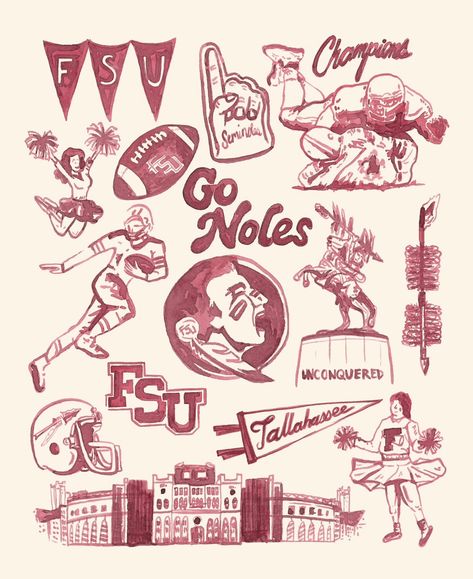 Florida State University Vintage Gameday Tailgate watercolor art print is a print of a my hand drawn, watercolor painting. It features the many iconic elements that represent a football gameday at FSU- with a nostalgic vintage football twist. Go Noles! artxnikki is a licensed Florida State University artist- The University names and logos on this product are registered trademarks of Florida State University. It is printed on a cold press, watercolor textured paper. Acid free, archival, and very sturdy with a matte finish. They are quickly shipped in both a plastic protective sleeve and a rigid mailer to ensure its safety during shipping. Each print is made to order- printed, cut, and packaged by hand in my home. Sizes: 8x10, 11x14Please note! No frame is included- they are just the physica Tailgate Illustration, Vintage College Aesthetic, Fsu Aesthetic, Tailgate Graphic, Fsu Sorority, Bootleg Tshirt, Football Prints, Football Graphics, Florida Football