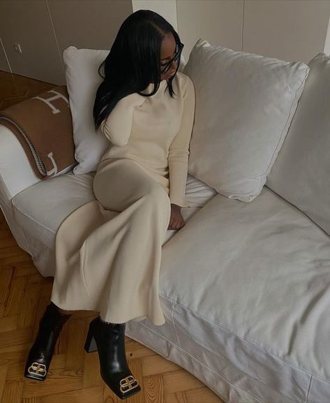 Gen on Instagram: "Category is hair✂️" White Couch Aesthetic, Silk Press Natural Hairstyles, Every Day Dresses, Couch Aesthetic, Natural Hair Silk Press, Chic Feminine Style, Brown Blanket, Boots Cream, White Couch