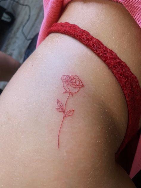 Red Rose Hip Tattoo, Rose Tattoo Hip Side Thigh Piece, Rose Tattoo On Buttocks, Small Rose Hip Tattoo, Rose On Hip Tattoo, Rose Hip Tattoos, Red Ink Rose Tattoo, Hip Rose Tattoo, Red Hip Tattoo