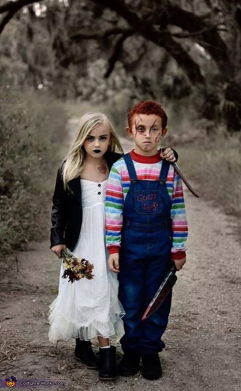 Chuck And Bride Of Chucky Costume, Chucky And His Bride, Chucky And Tiffany Costume, Tiffany Costume, Bride Of Chucky Costume, Halloween Bride Costumes, Sibling Halloween Costumes, Chucky Costume, Chucky Halloween