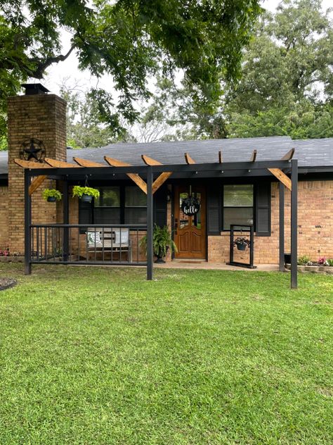 Pergola Front Porch Ranch, Black Front Porch, Front Door Pergola, Front Porch Pergola, Brick Ranch Houses, Black Pergola, Door Pergola, Front Porch Deck, Porch Pergola