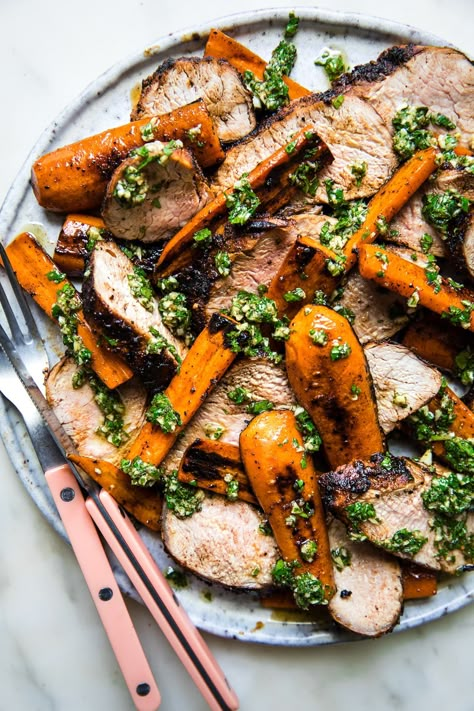 Versatile and so moist, juicy and delicious, grilled pork tenderloin makes a fantastic partner for fresh, herby chermoula. Chermoula Recipe, Pork Tenderloin Rub, Recipes Under 500 Calories, Chermoula Sauce, Healthy Fall Recipes, Grilled Carrots, The Modern Proper, Modern Proper, Grilled Pork Tenderloin