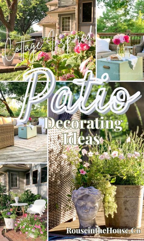 A collage of decorated spaces in a backyard English Cottage Patio Ideas, Decorating Patio With Plants, Outdoor Vintage Patio Ideas, Cottage Patio Decor, Vintage Patio Decor, Garden Vignettes Backyards, Cottage Deck Ideas, Farmhouse Patio Decorating Ideas, Cottage Patio Garden Ideas