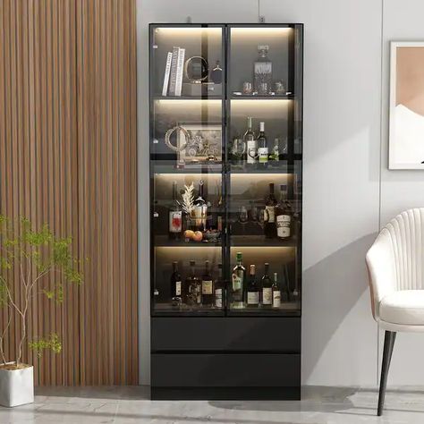 Modern Glass Cabinet, Speakeasy Basement, Drawer Wood, Accent Storage Cabinet, Dining Cabinet, Accent Storage, Tempered Glass Door, Large Shelves, Glass Cabinet Doors