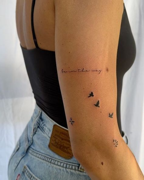 Birds Quotes, Minimalist Lettering, Tattoo Placement Arm, Bird Tattoos Arm, Clavicle Tattoo, Bird Tattoos For Women, Bird Tattoos, Upper Arm Tattoos, Bicep Tattoo