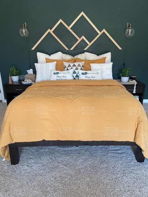 Painted Headboard On Wall, Mountain Headboard, Headboard Alternative Ideas, No Headboard Bed Ideas, Fake Headboard, No Headboard Ideas, Bunk Room Ideas, No Headboard, Cool Headboards