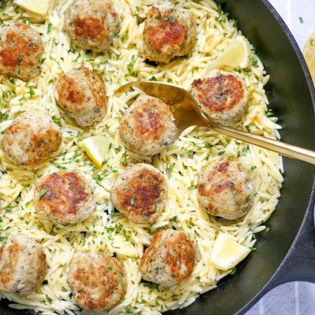 Easy Greek Chicken Meatballs with Lemon Orzo - Braes Bites Greek Chicken Meatballs With Lemon Orzo, Greek Chicken Meatballs, Greek Meatballs Recipe, Easy Greek Chicken, Dry Spices, Mediterranean Recipes Healthy, Lemon Orzo, Greek Meatballs, How To Cook Orzo