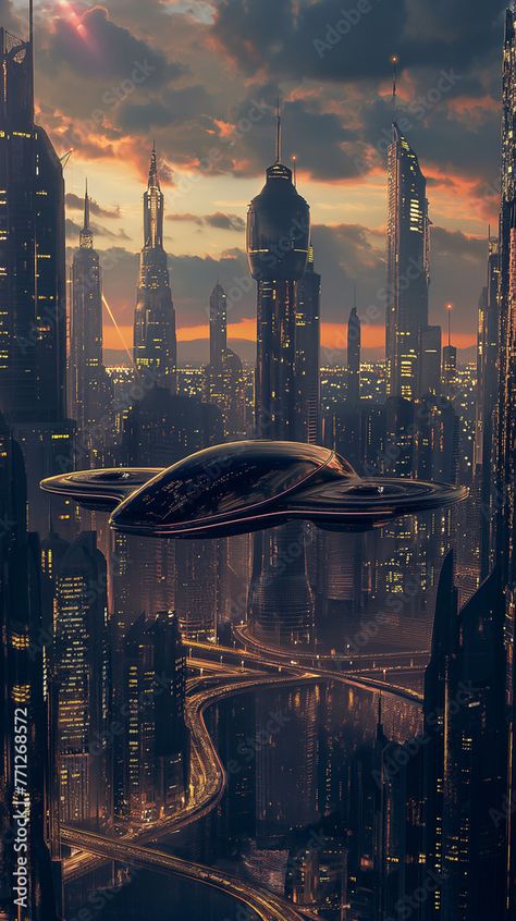 Futuristic Flying Car in a Spectacular Cityscape Futuristic Airport, Futuristic Flying Car, Futuristic Plane, Floating Car, Futuristic Transportation, Book Mood Board, Futuristic Cityscape, Flying Cars, Book Mood