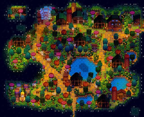 stardew valley concernedape night aesthetic endgame inspiration cottagecore Stardew Valley Farm Aesthetic, Farm Layouts, Stardew Valley Farm, Cottagecore Farm, Stardew Farms, Farm Aesthetic, Forest Farm, Stardew Valley Layout, Stardew Valley Farms