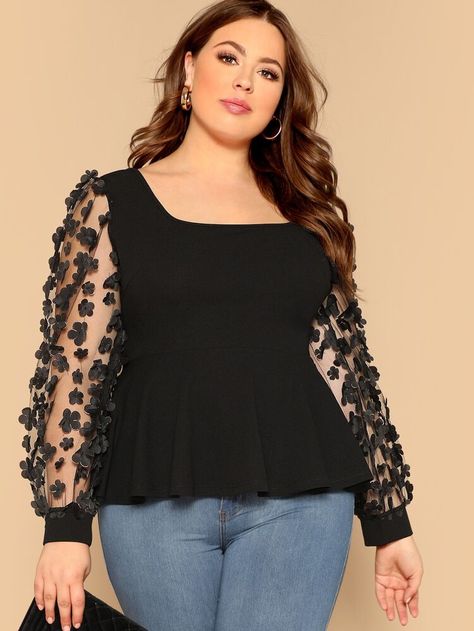 Free Returns ✓ Free Shipping On Orders $49+ ✓. Plus Mesh Appliques Sleeve Peplum Top- Plus Size Blouses at SHEIN. Plus Size Outfits Casual, Shein Plus Size, Plus Size Fashion For Women, Flounce Sleeve, Curvy Outfits, Plus Size Blouses, Blouse Styles, Curvy Fashion, Black Top