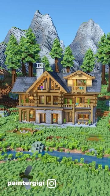 Airtugmc Minecraft, Cozy House Ideas, Minecraft Log Cabin, Amazing Minecraft Houses, Cottage Blueprints, Minecraft Cabin, Villa Minecraft, Cabin Build, Cabin Mansion