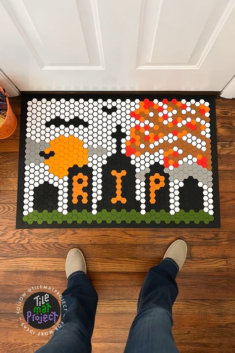 Halloween Letterfolk Mat, Halloween Tile Mat, Summer Tile Mat, Tile Mat Designs, Folk Rug, Letterfolk Tile Mat, Letterfolk Mat, Candy Corn Pumpkin, Hexie Patterns