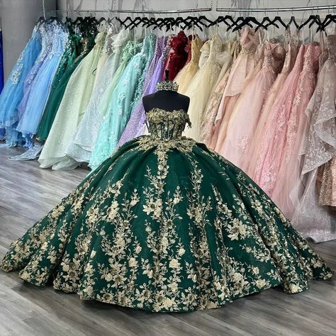 Green Charro Quinceanera Dresses Ball Gown Off The Shoulder Tulle Appliques Mexican Sweet 16 Dresses