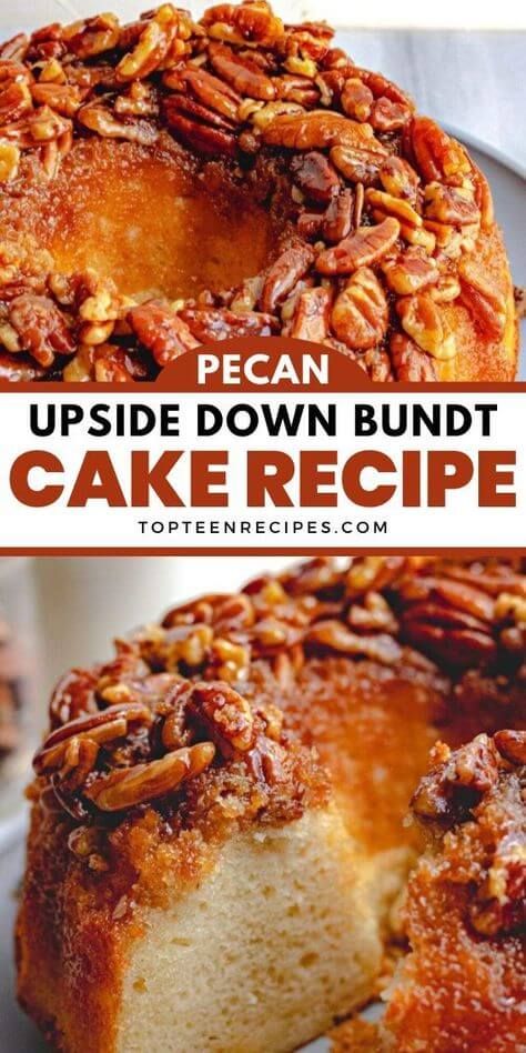 Pecan Upside Down Bundt Cake Recipe - Top Recipes Pecan Upside Down Cake Recipe, Pecan Upside Down Bundt Cake, Simple Yellow Cake, Caramel Pecan Topping, Pecan Upside Down Cake, Upside Down Bundt Cake, Thanksgiving Desserts Pumpkin, Easy Thanksgiving Dessert Recipes, Pecan Desserts