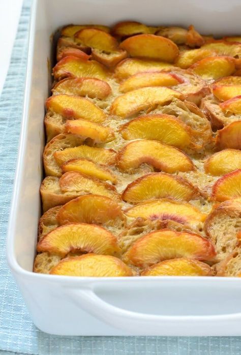 Overnight Peach French Toast Casserole Peach French Toast, Toasted Sandwich Recipes, French Toast Recipes, French Toast Breakfast, Peach Recipes, Breakfast Casseroles, French Toast Bake, Peach Recipe, French Toast Casserole