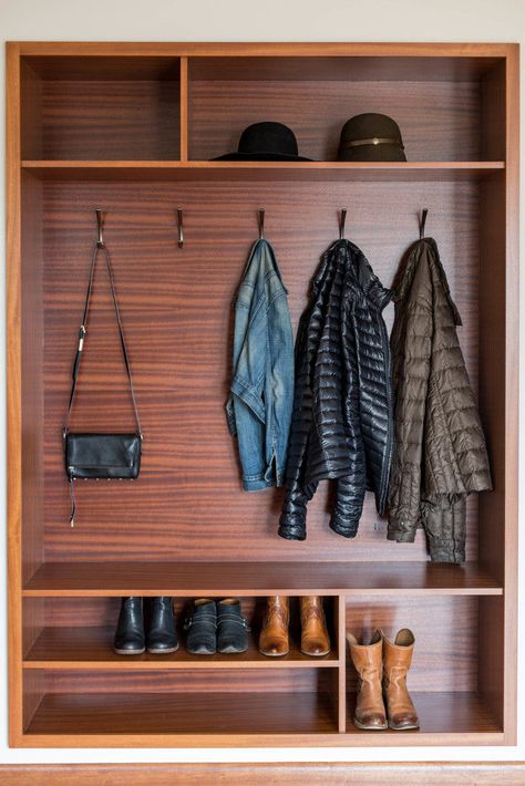 Modern Mudroom Ideas, Modern Mudroom, Mid Century Modern Entryway, Mudroom Remodel, Entry Closet, House Before And After, Mudroom Ideas, Walnut Shelves, Mudroom Entryway