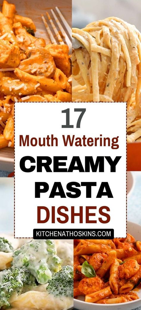 Discover easy creamy pasta recipes for dinner that are quick, ready in 30 minutes and make easy homemade meals for family dinner. You will find homemade dishes with cream sauces such as alfredo, red, pink, white or tomato sauce, made using chicken, shrimp, salmon, seafood or vegetarian recipes.  Get the best creamy pasta dishes at kitchenathoskins.com. Half And Half Recipes Pasta, Dinner Ideas Pasta Red Sauce, 30 Minute Pasta Meals, Pasta Sauces Healthy, Pasta With Light Cream Sauce, Easy Dinner Recipes Pasta Simple, Pasta In Cream Sauce, Easy Pasta Ideas For Dinner, Copycat Pasta Recipes