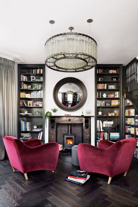 Explore A Stunning Four-Storey Victorian End-of-Terrace in South London Glamour Living Room Decor, Glamorous Interior Design, Burgundy Living Room, Glamorous Living Room, Red Chairs, Hotel Chic, Elegant Living Room, Elegant Living, Home Library