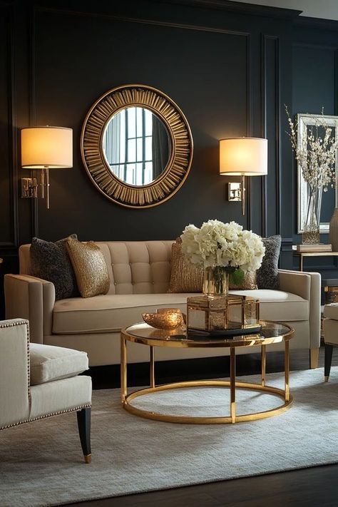 "Bring luxury to your home with Glamorous Gold Decor! ✨🏡 Perfect for making a bold and elegant statement. 🌟✨ #GoldLiving #GlamInspiration #HomeStyling" Gray And Gold Living Room Decor, Teal Lounge, Living Room Designs Modern, Gold Living Room Decor, Gold Living, Gold Living Room, Luxury Living Room Design, Classy Decor, Home Design Living Room