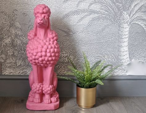 Upcycled Pink Poodle Dog Statue, Kitsch Retro Decor, Vintage Poodle, Large Poodle, Eclectic Decor Poodle Sculpture, Large Poodle, Grooming Ideas, Eclectic Maximalism, Pink Lounge, Pink Wall Decor, Dog Salon, Vintage Poodle, Pink Poodle