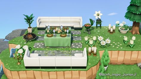 I created this fancy garden / barbecue area using the wedding table and some box sofas. #acnh #acnhelegant #acnhinspo #acnhinspiration #acnhideas #acnhdesigns #acnhtips #acnhfandom #animalcrossingfandom #acnhcommunity #animalcrossingcommunity #animalcrossingnewhorizons Acnh Outdoor Lounge Area, Animal Crossing Barbecue Area, Acnh Bbq Area, Acnh Wedding Area, Garden Barbecue Area, Garden Bbq Area, Achn Ideas, Acnh Garden, Fancy Garden