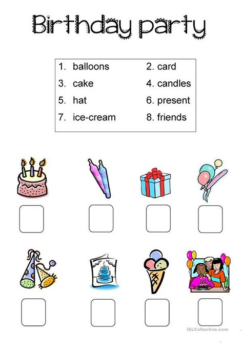 Birthday party simple worksheet. - English ESL Worksheets for distance learning and physical classrooms Birthday Worksheet, Kindergarten Party, Worksheet For Kindergarten, English Worksheets For Kindergarten, Kindergarten Worksheets Free Printables, Free Kindergarten Worksheets, Birthday Activities, Kindergarten Worksheets Printable, English Worksheets For Kids