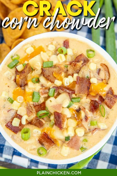 Crack Corn Chowder Recipe - Get ready for a flavor-packed journey! This creamy, savory delight combines crispy bacon, sweet corn, tender potatoes, ranch seasoning, and cheddar cheese for a comforting bowl of goodness. Perfect for chilly nights or cozy gatherings. Every bowlful is a harmonious blend of flavors that's hearty, creamy, and utterly delicious. Cabana Recipes, Southern Cornbread Recipe, Steak Soup, Slow Cooker Steak, Corn Chowder Recipe, Chowder Recipe, Chicken And Biscuits, Plain Chicken, Soup And Stew