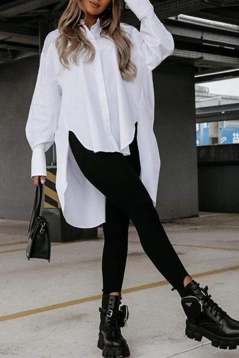 White High Low Hem Lantern Sleeve Top#FlightJacketFashion #CasualStyleTips #CoolJacketLooks #AviationInspired #StylishOuterwear #FashionableFlight #JacketStylingIdeas #EffortlesslyCool Long White Shirt Outfit, White Collared Shirt Outfit, Long Shirt Outfits, White Tops Outfit, Long White Shirt, White Shirt Outfits, Black Leggings Outfit, Lantern Sleeve Top, Causal Outfits