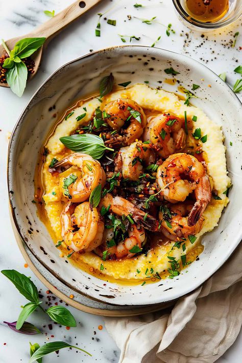 Honey Garlic Shrimp and Polenta Sweet Polenta Breakfast, Shrimp With Polenta Recipes, Shrimp Polenta Recipes, Polenta And Shrimp Recipes, Chicken And Polenta Recipes, Shrimp And Polenta Recipes, Polenta Shrimp, Polenta Dinner Recipes, Shrimp With Polenta