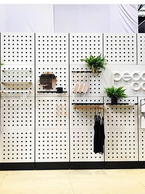 Peg Board Backdrop, Display Wall Design, Peg Board Display, Feature Wall Design, Modular Shelving, Modular Furniture, Store Interior, Wall Storage, Peg Board