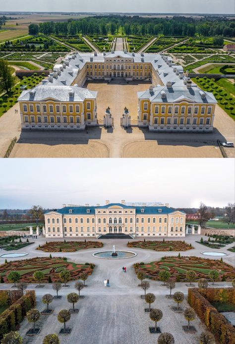 Rundale Palace - Summer palace for the Dukes of Courland. Built from 1736-40 & 1764-68. Named for the German place mane, Ruhenthal (Valley of Peace). After the Duchy of Courland was absorbed by Russian Empire, 1795, Catherine the Great presented palace to Count Valerian Zubov, youngest brother of her lover, Prince Platon Zubov. Palace Layout, German Palace, Rundale Palace, Russian Palace, German Palaces, Small Palace, Catherine Palace, French Palace, Castle Floor Plan