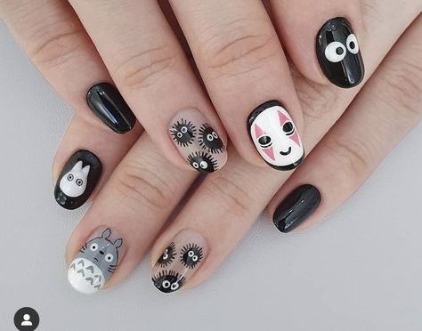 Nail Character Art, My Neighbor Totoro Nails, Miyazaki Nails, Calcifer Nails, Soot Sprite Nails, Totoro Nail Art, Cute Cat Nails, Ghibli Nail Art, Studio Ghibli Nail Art