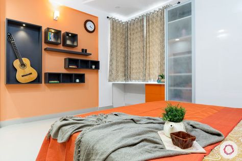 Colored Bedroom Walls, Wall Opposite Bed, Orange Bedroom Walls, 3bhk Villa, Ranch Inspiration, Oranges Painting, Orange Painted Walls, Orange Accent Walls, Creating An Entryway