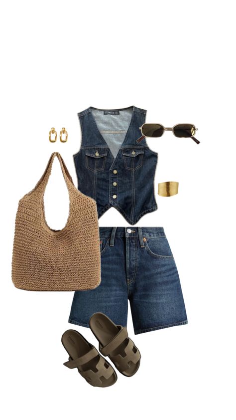 Dark blue denim high waisted shorts, dark denim waistcoat, large rattan style tote bag, sandals, gold bracelet, gold earrings, black sunglasses summer outfit inspiration Dark Denim Shorts Outfit, Blue Denim Outfit, Blue Denim Outfits, Fashion Inspo Summer, Waistcoat Fashion, Double Denim Looks, Denim Waistcoat, Outfit Denim, Denim Shorts Outfit