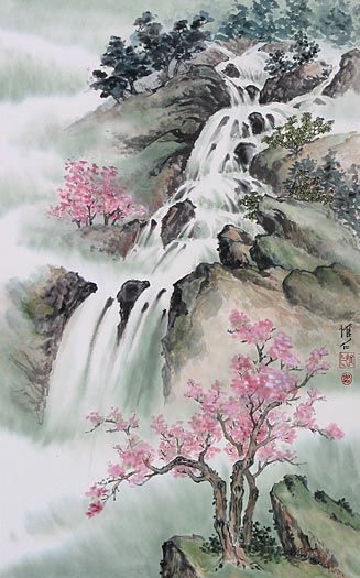 Chinese waterfall and mountain landscapes painted by internationally renowned YouTube artist Virginia Lloyd-Davies. China Culture, Mountain Landscape Painting, Chinese Landscape Painting, Art Chinois, Chinese Art Painting, Asian Painting, Chinese Landscape, Japon Illustration, Art Japonais