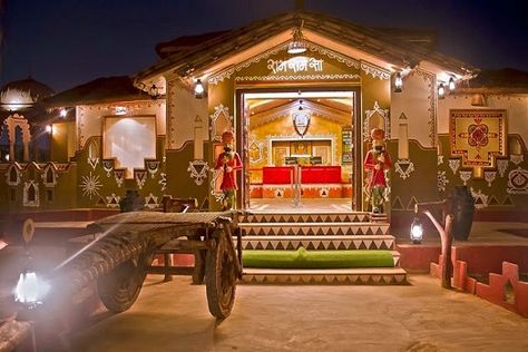 Indian Dhaba, Rajasthani Village, Party Planning Food, Restaurant Design Rustic, Restaurant Indian, Theme Hotel, Spanish Home Decor, Front Wall Design, Restaurant Themes